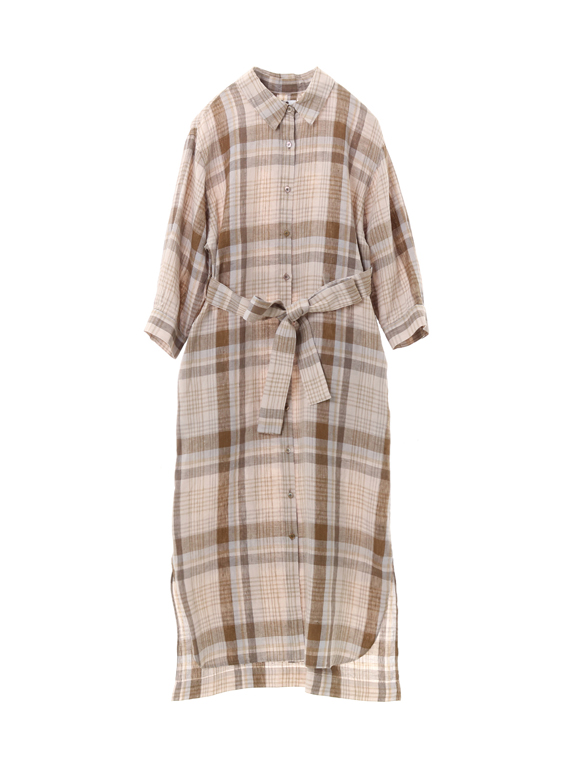 Linen plaid 1/2slv shirt dress