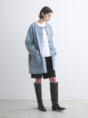 Denim collarless long jacket 詳細画像