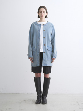 Denim collarless long jacket 詳細画像