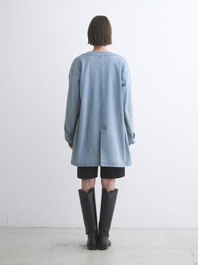 Denim collarless long jacket 詳細画像