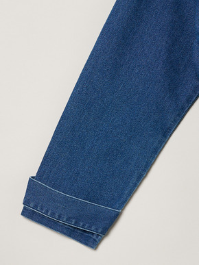 Denim collarless long jacket 詳細画像