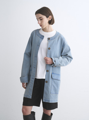 Denim collarless long jacket 詳細画像