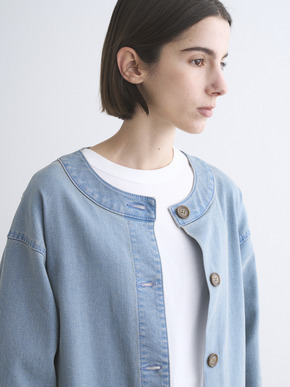 Denim collarless long jacket 詳細画像