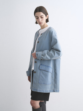 Denim collarless long jacket 詳細画像