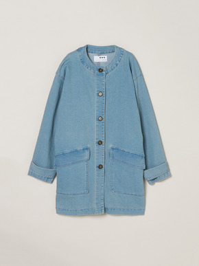 Denim collarless long jacket 詳細画像