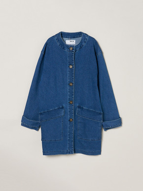 Denim collarless long jacket 詳細画像