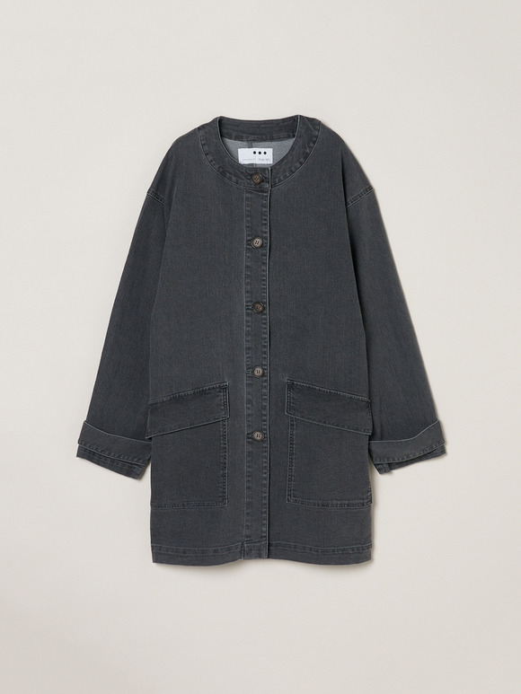 Denim collarless long jacket
