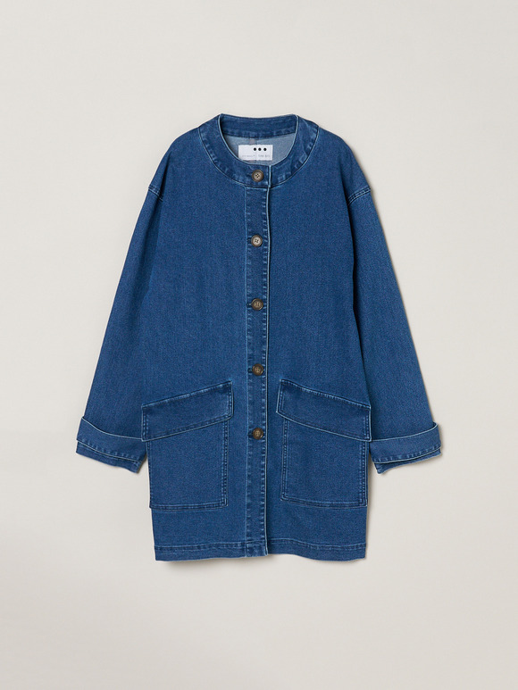 Denim collarless long jacket