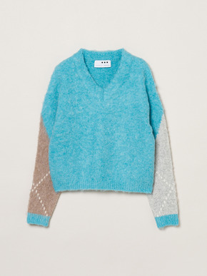 Cloudy shaggy argyle boxy tops 詳細画像