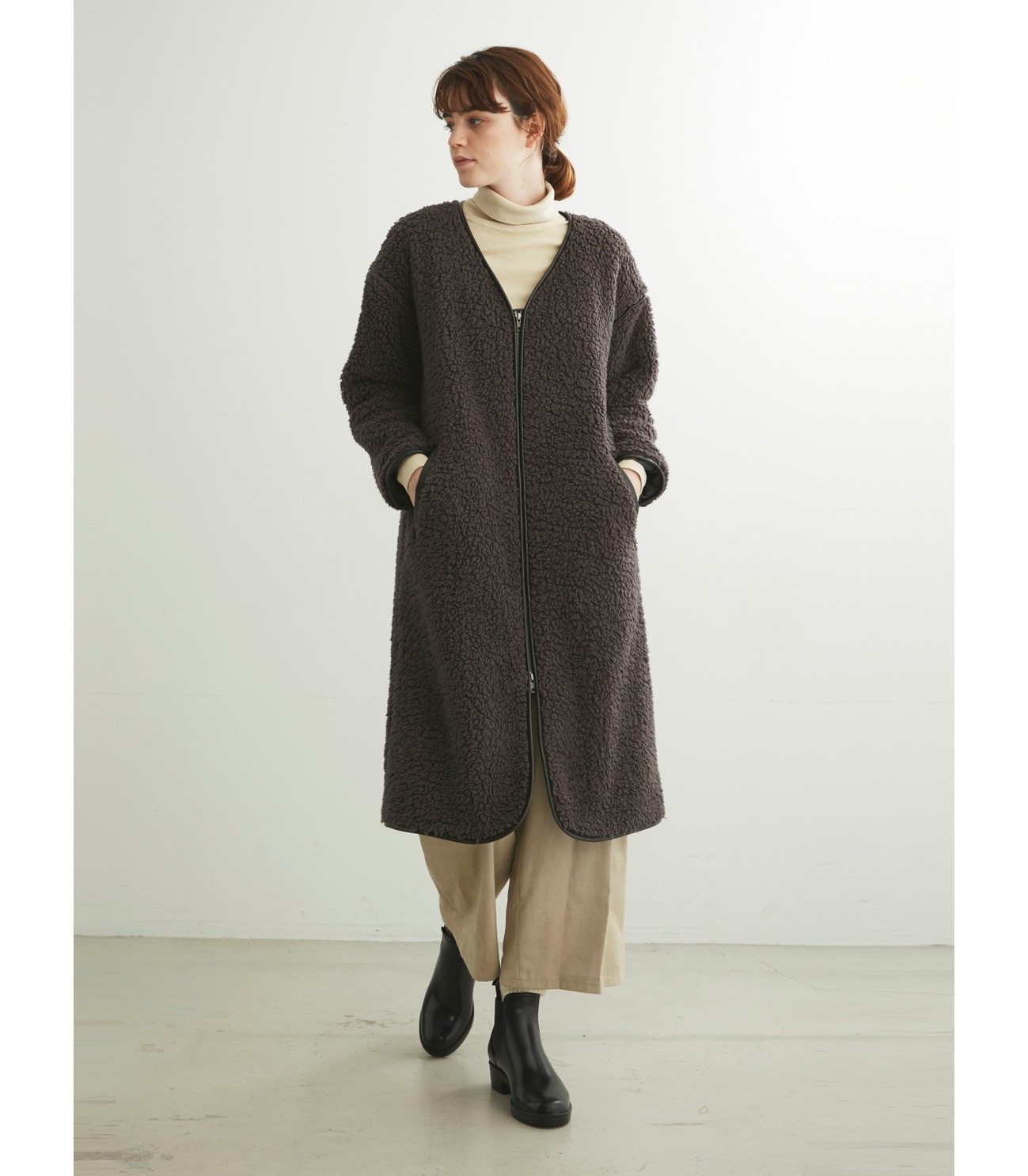 Eco fur fleece long coat 詳細画像 grey beige 5