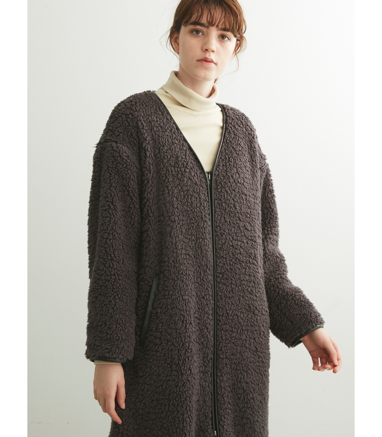 Eco fur fleece long coat 詳細画像 grey beige 6