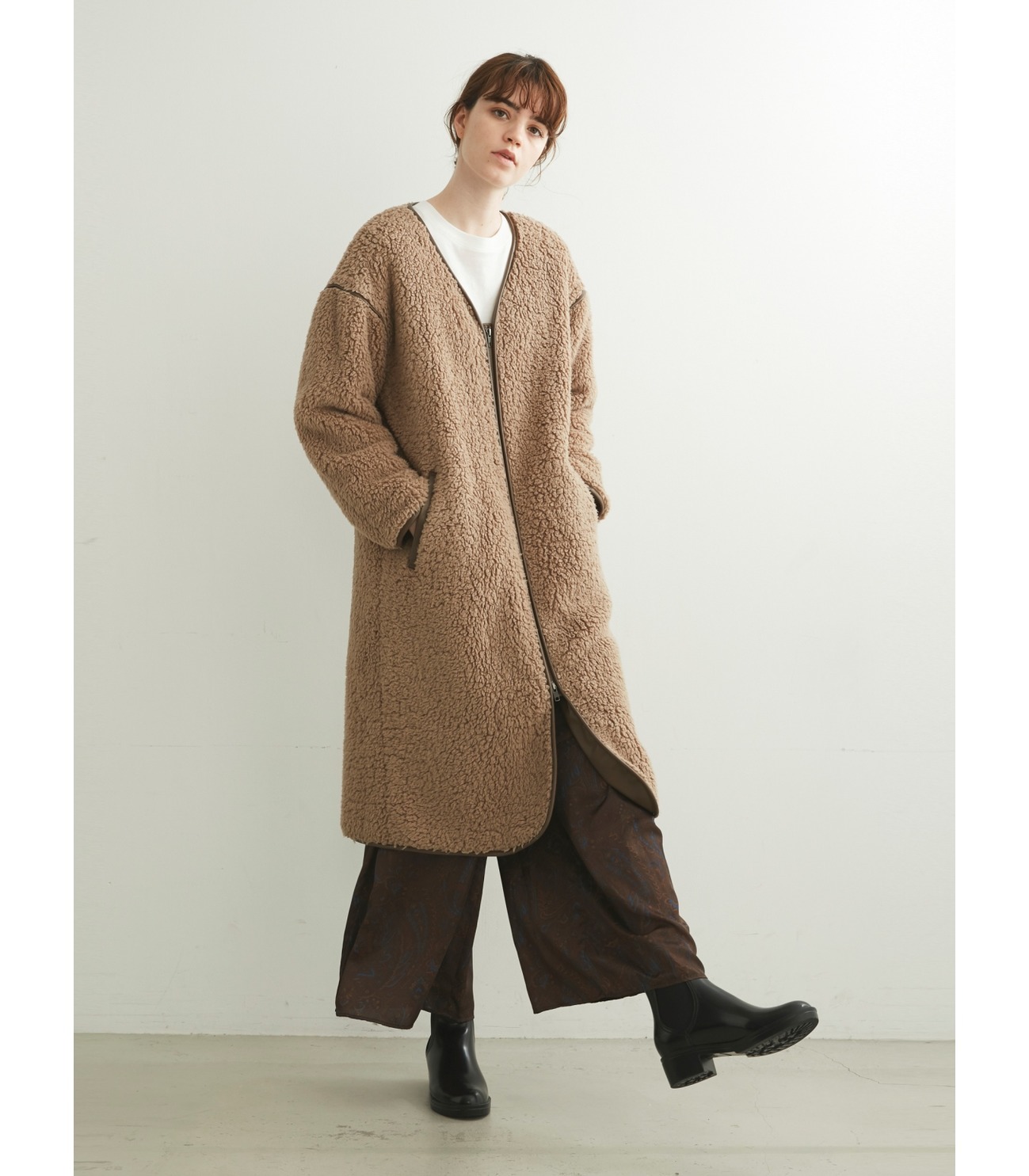 Eco fur fleece long coat 詳細画像 grey beige 7