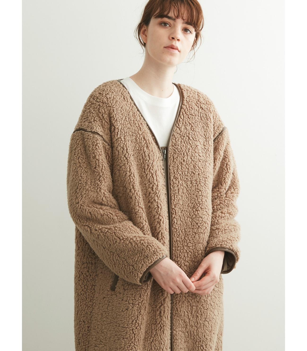 Eco fur fleece long coat 詳細画像 grey beige 9