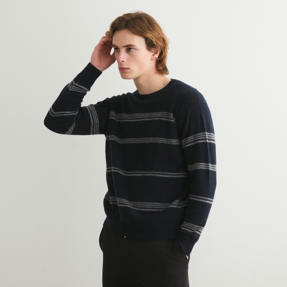 スリードッツ カシミヤ100% ボトルネック セーター 水色×紺 ステッチ カットソー セール Silky cotton knit l&frasl;s tee （ニット・セーター）｜three